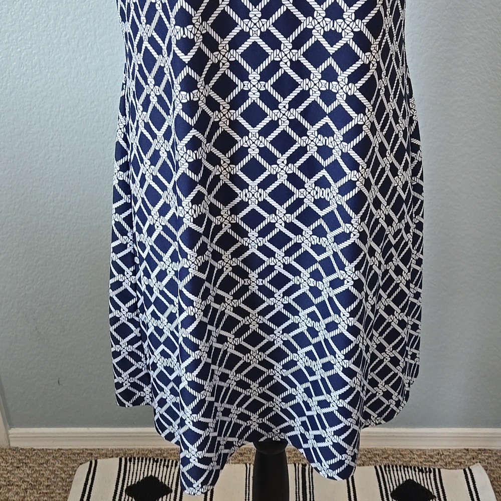 JUDE CONNALLY Sleeveless Halter Mini Dress Navy White Geometric Print Sz LARGE - Picture 3 of 9